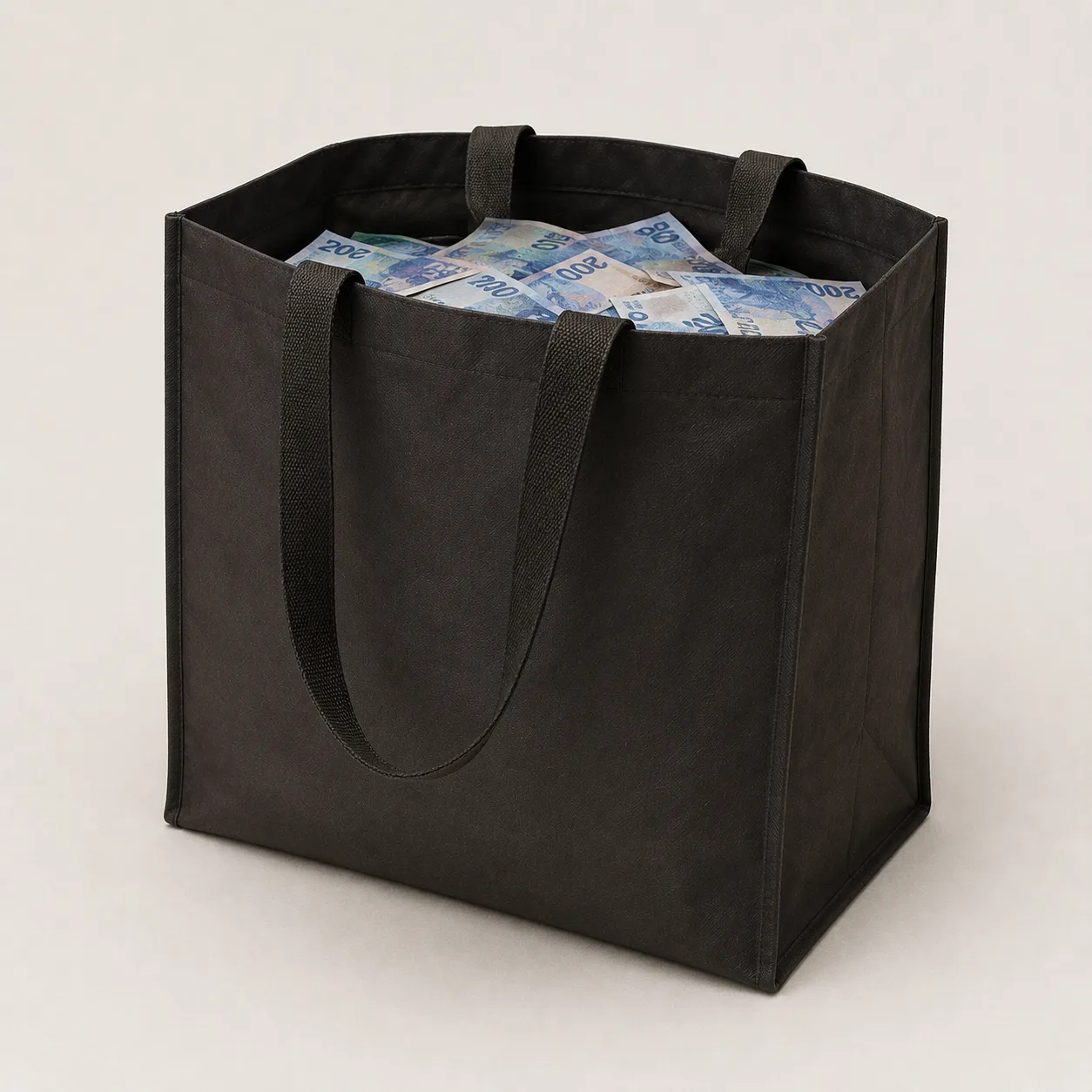 A black Woolworths shopping bag filled with cash banknotes - the 'money bag' described in Madlanga Commission testimony.